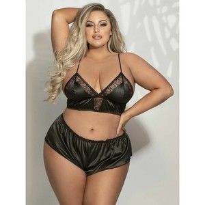 Satin Pajama Set Womens Plus Size 1x 2x Black Bralette Bra
